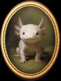 Oval gold-framed portrait of an axolotl