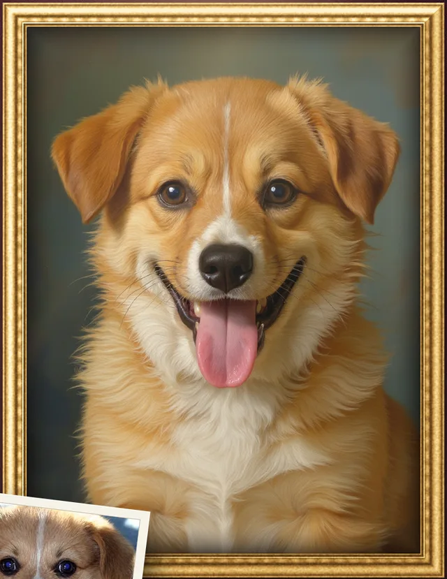 Gold-framed old-master style portrait of a corgi puppy