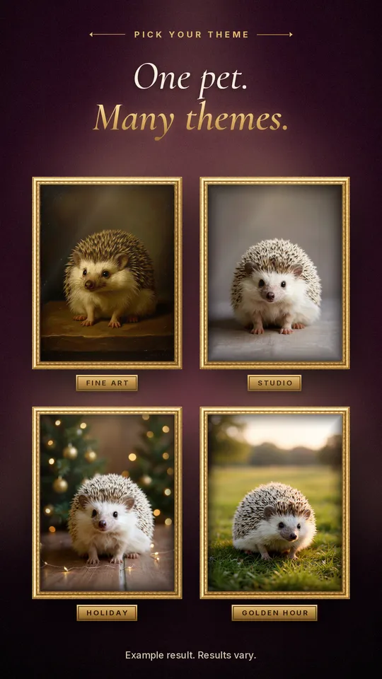 Four gold-framed hedgehog portraits in different themes