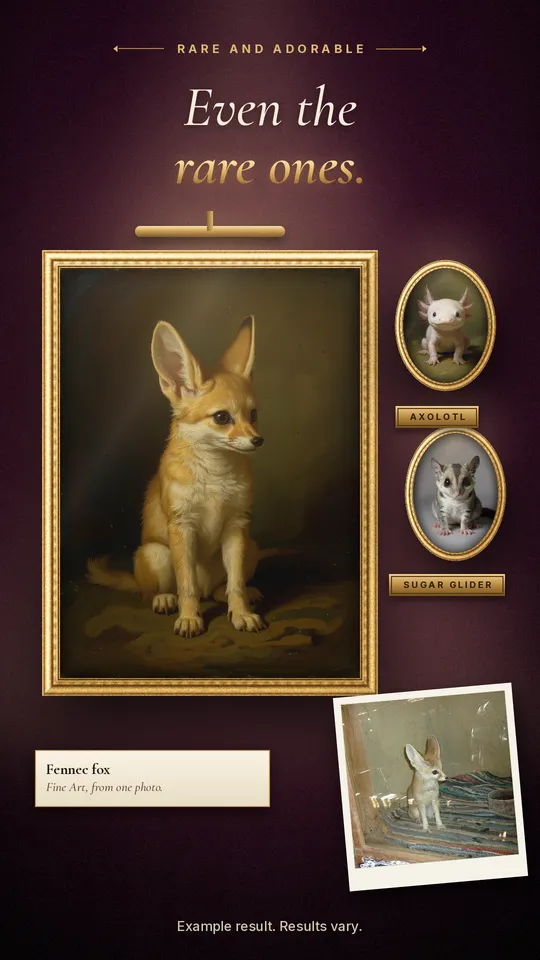 A framed fennec fox portrait with axolotl and sugar glider portraits