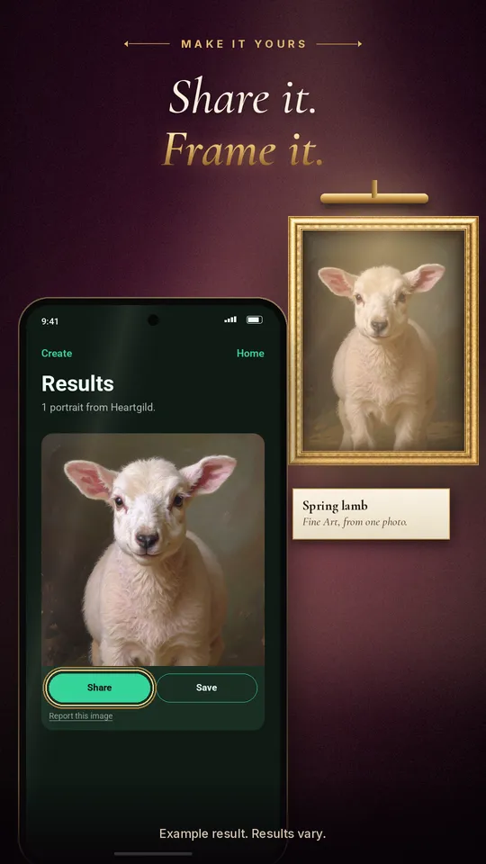 A framed lamb portrait next to the Heartgild results screen, ready to share